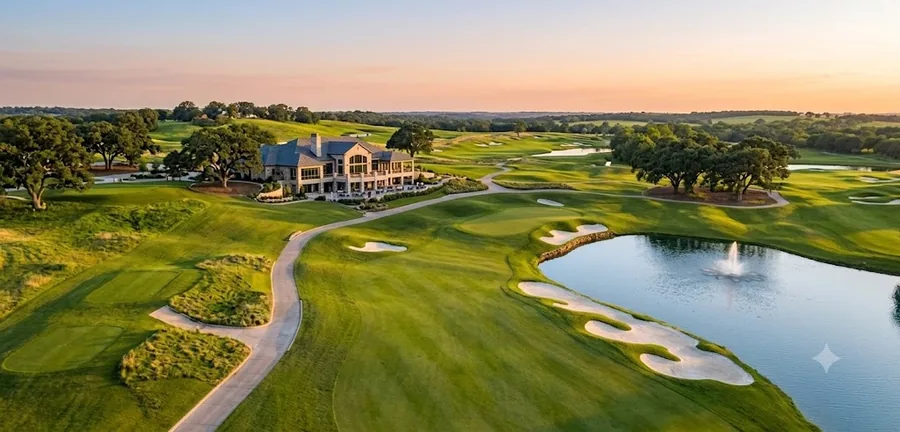 Aerial view of a golf course and clubhouse