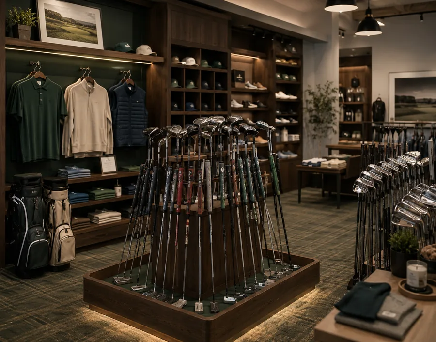 Golf shop interior with clubs and apparel